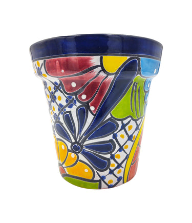 Mexican Talavera Hand Painted Planter Pot (Maceta Ranchera #18) - Traditional Ceramic Garden & Home Décor - Dark Blue Trim
